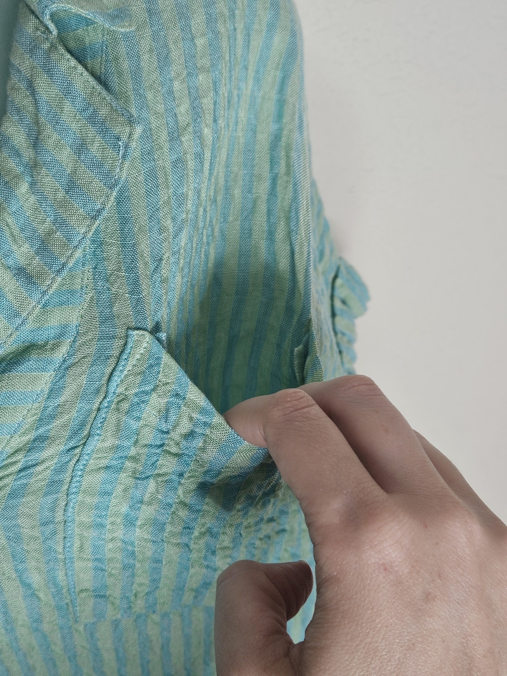 Jane + Delancey Blue Green Striped Top L Textured Short Sleeve Collared Blouse - Picture 5 of 9